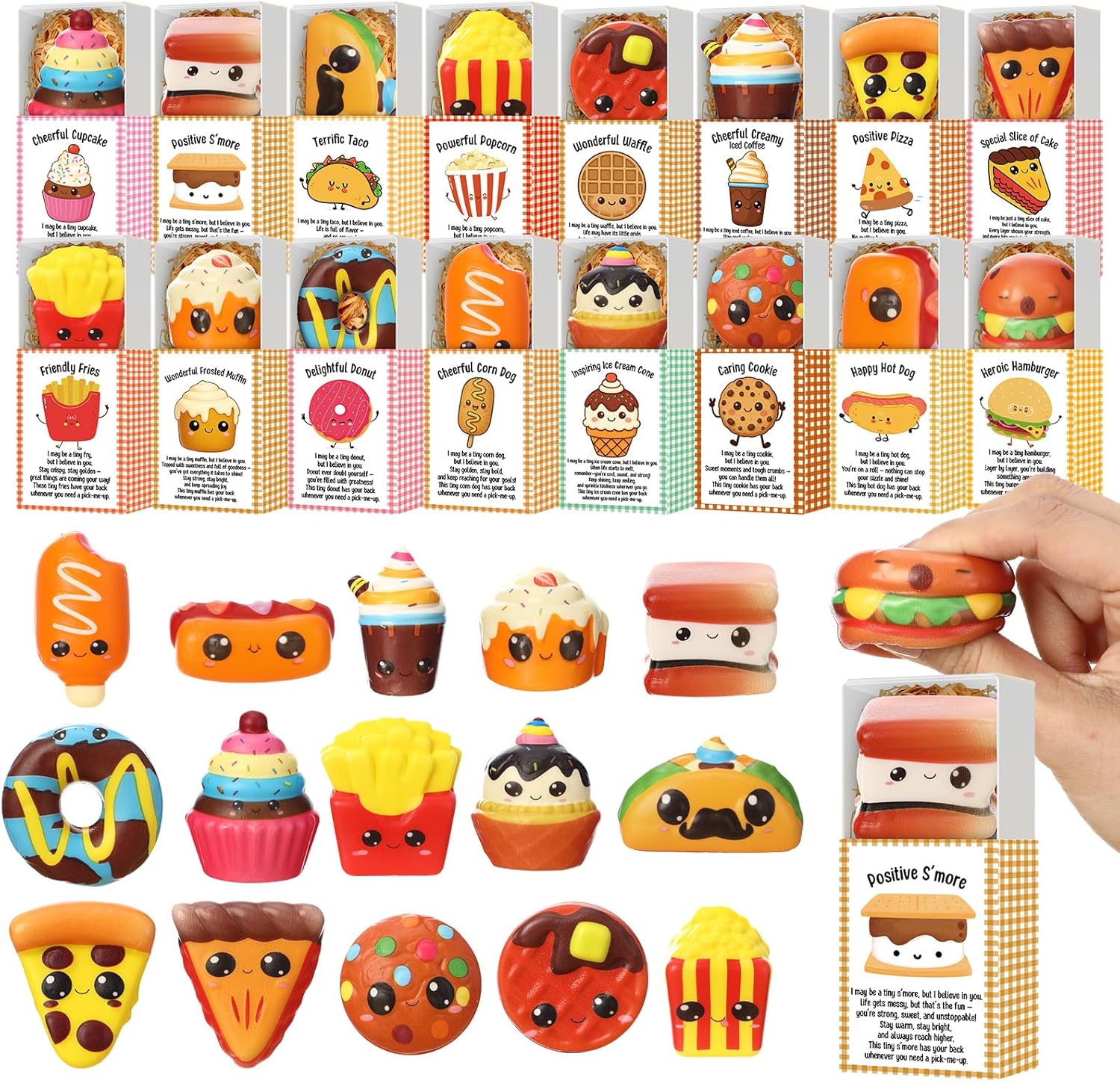 Jenaai 32 Set Teacher Appreciation Gifts Mini Slow Rising Fast Food Gift Emotional Stress Relief Toys with Support Positive Boxes Graduation Gift for Coworker Lunch Lady Birthday Party Favors