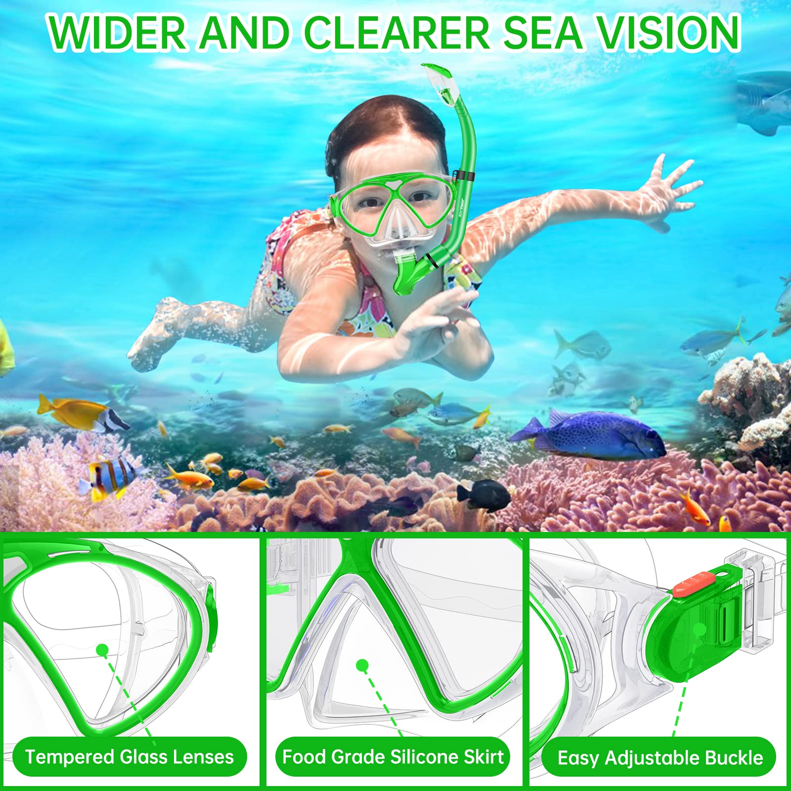 JEMULICE Maschera Subacquea Bambini, Set da Snorkeling per Bambini con Tubi a Secco e Occhiali da Snorkeling Anti-Fog Panoramica a 180 Gradi, Snorkel Set, Maschera Snorkeling per Bambino e Adolescenti