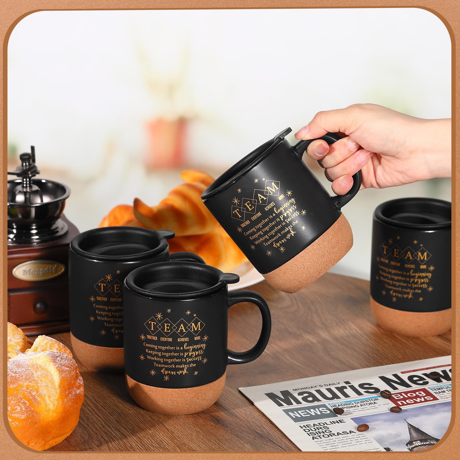 4 tazze da caffè motivazionali per dipendenti, regalo di apprezzamento con fondo in sughero, tazze di ringraziamento, regali per personale, volontari, colleghi, insegnanti, infermiere (nero)