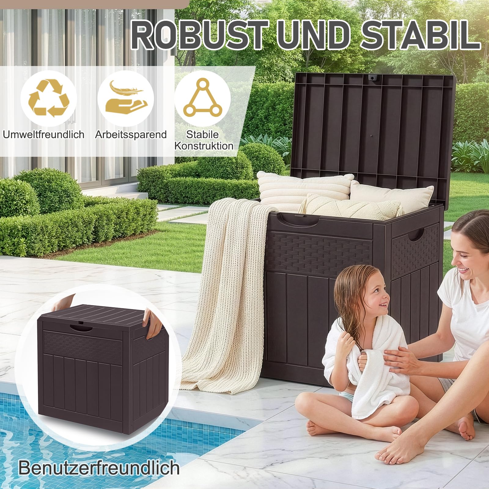 Gartenbox wasserdicht, 126L Outdoor Aufbewahrungsbox für Gartenmöbel, Poolzubehör und Werkzeug, 56 x 53 x 43 cm, Braun