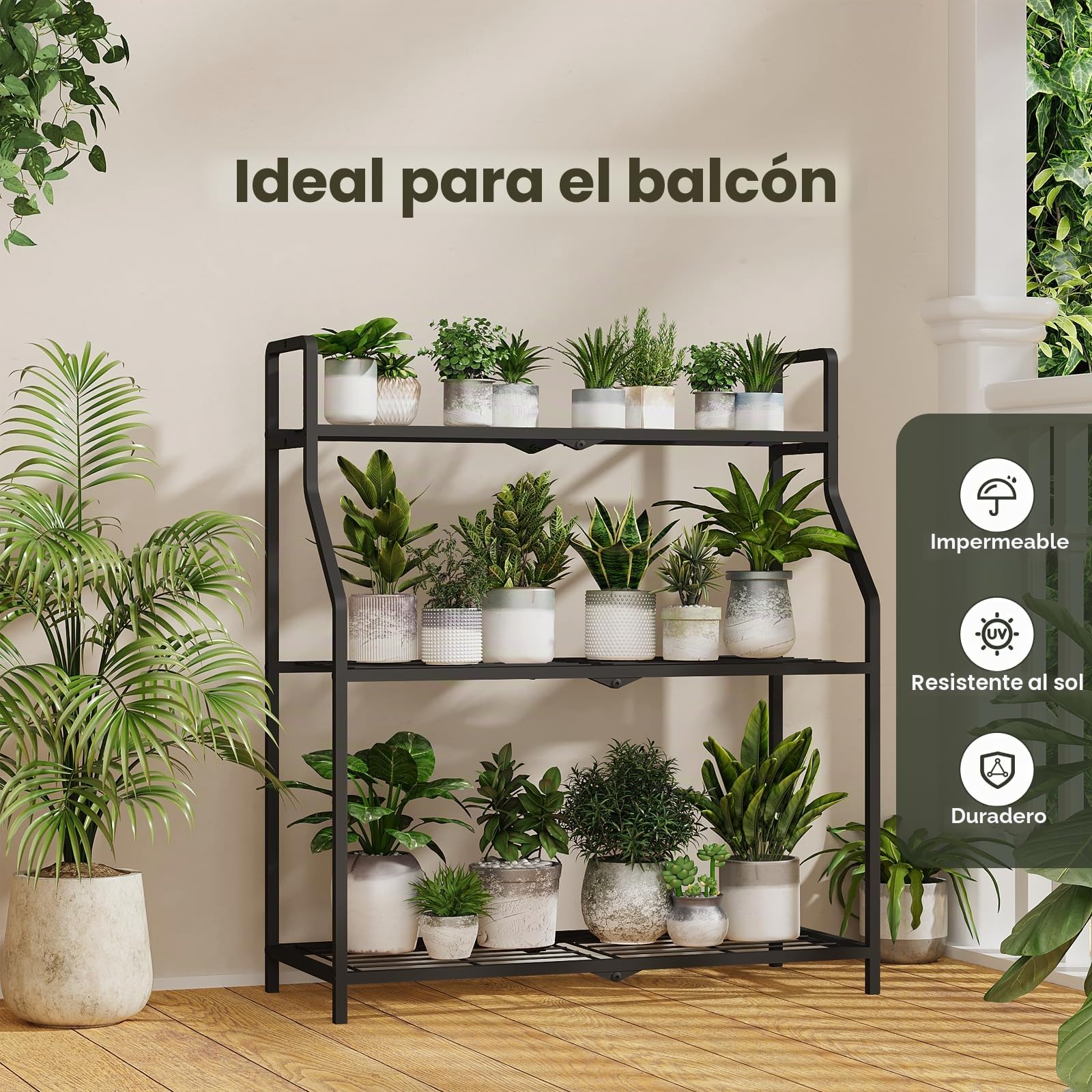Bamworld Estantería para Plantas de Metal – Soporte para Plantas Interior y Exterior, Estantería Plantas de 3 Niveles, Diseño Resistente para Balcón, Jardín y Hogar
