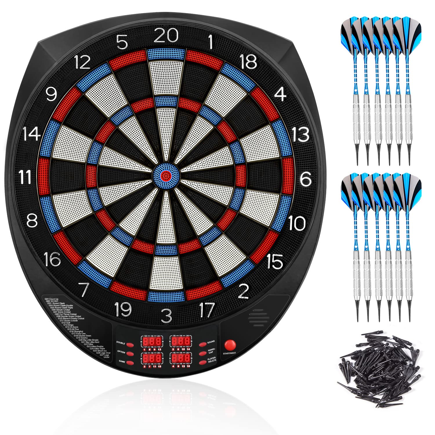 Biange Electronic Dart Board, 18” Digital Dartboards Set Soft Tip Regulation Sized, 27 Games, 243 Variants with 6 18g Darts, 100 Tips, Support up to 16 Players