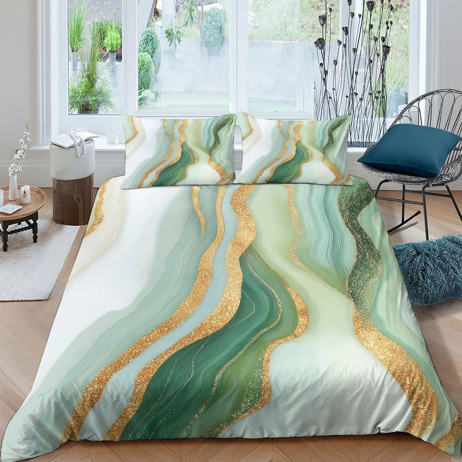 Ctjqhvkz Style-10 3D Printed Green Marble Fitted Sheet Microfiber Soft Gold Wave Mattress Cover For Bedroom Guest Room Decor Protection Single（135X200cm）