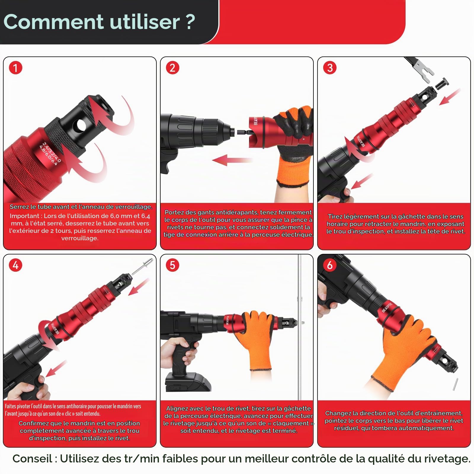 Beaspire Kit d'Adaptateur de Rivet pour Perceuse Électrique, Pince à Riveter Professionnelle Riveteuse, Pince Rivet Aveugle avec 6 Têtes de Rivet, Étui de Transport Robuste