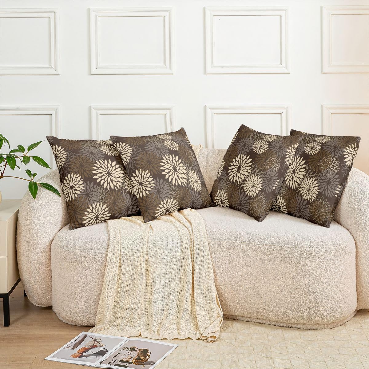 Homemissing Boho Floreale Federa per Cuscino Set di 4 Dalia Floreali Federe Quadrate Federe Farmeri Marrone Scuro Copricuscino per Divano Divano Camera da Letto Decorazione 45 x 45 cm