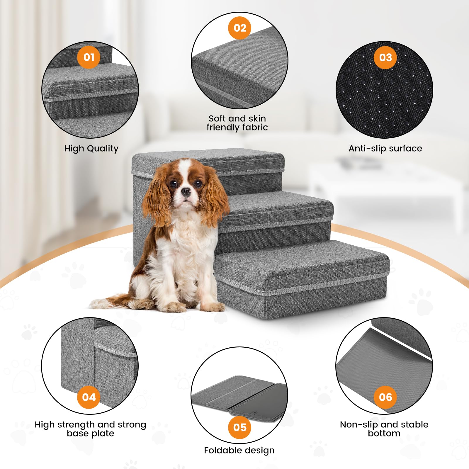 Escalier pour Chien, Sunowl Pliable Escalier Chien en 3 Marches, Extra Larges Rampe pour Chien avec Rangement, Surface Antidérapante, Aide l'animal à Monter Facilement, Escalier pour Chien et Chats