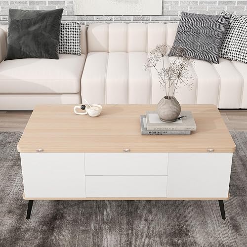 Miniatura 30 de Mesa de centro moderna con 2 cajones de almacenamiento y estantes de exhibición, mesa de cóctel rectangular con luces LED de 16 colores, ideal para