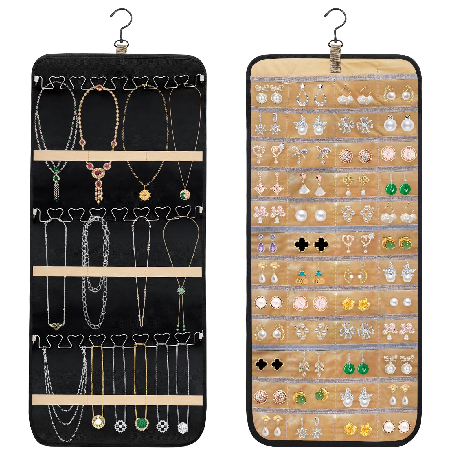 Organisateur De Bijoux Mural Double Face Avec Poches Transparentes Et Crochets - 48 Poches + 21 Crochets, Rangement Clair Pour Colliers Et Boucles D'oreilles