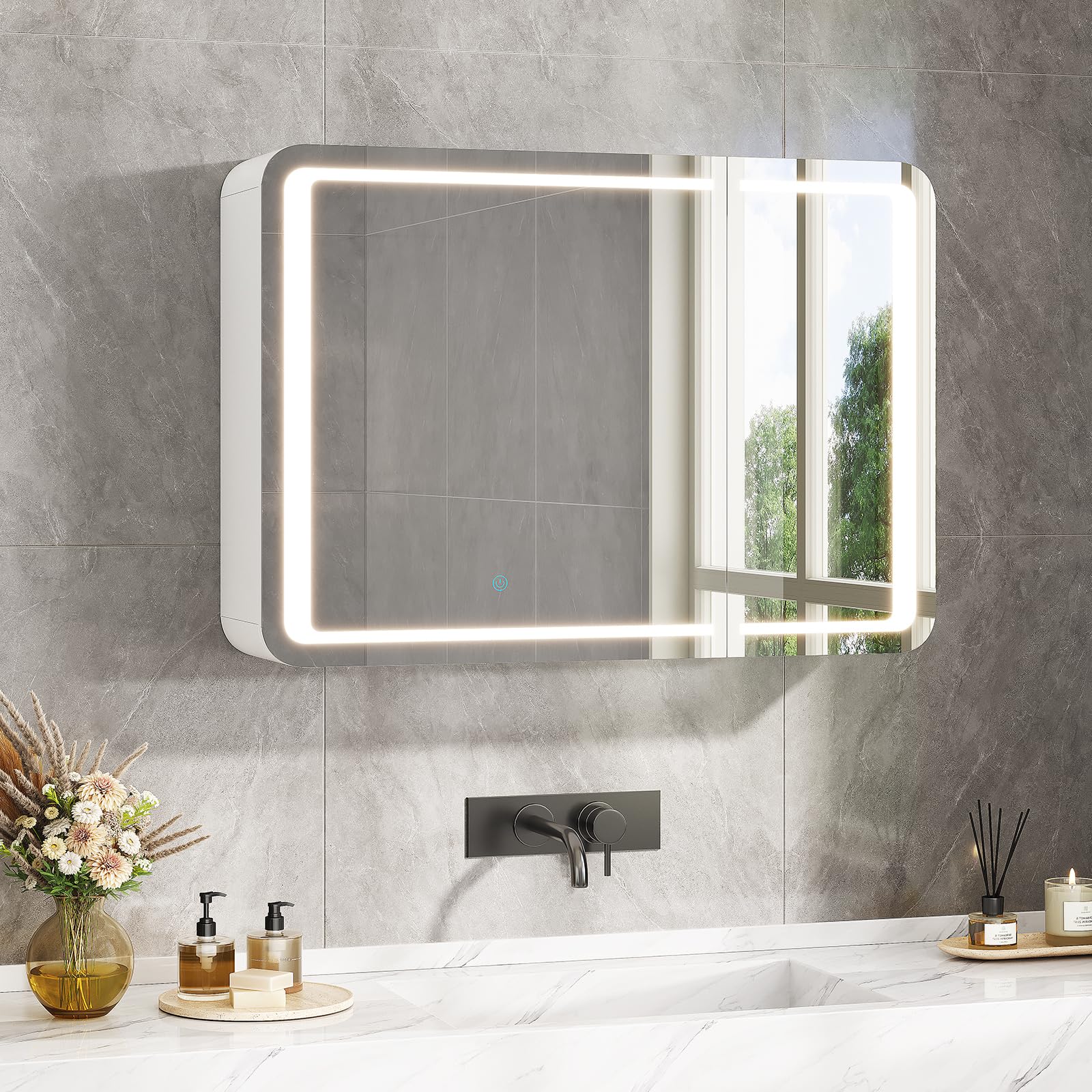 Specchio Bagno con Luce LED Regolabile, Specchio Bagno Contenitore 80x15x60 cm con Presa Elettrica, 2 Ante Specchiera Bagno con Ripiani Regolabili, Specchio Grande HD, Pulsante Touch, Bianco