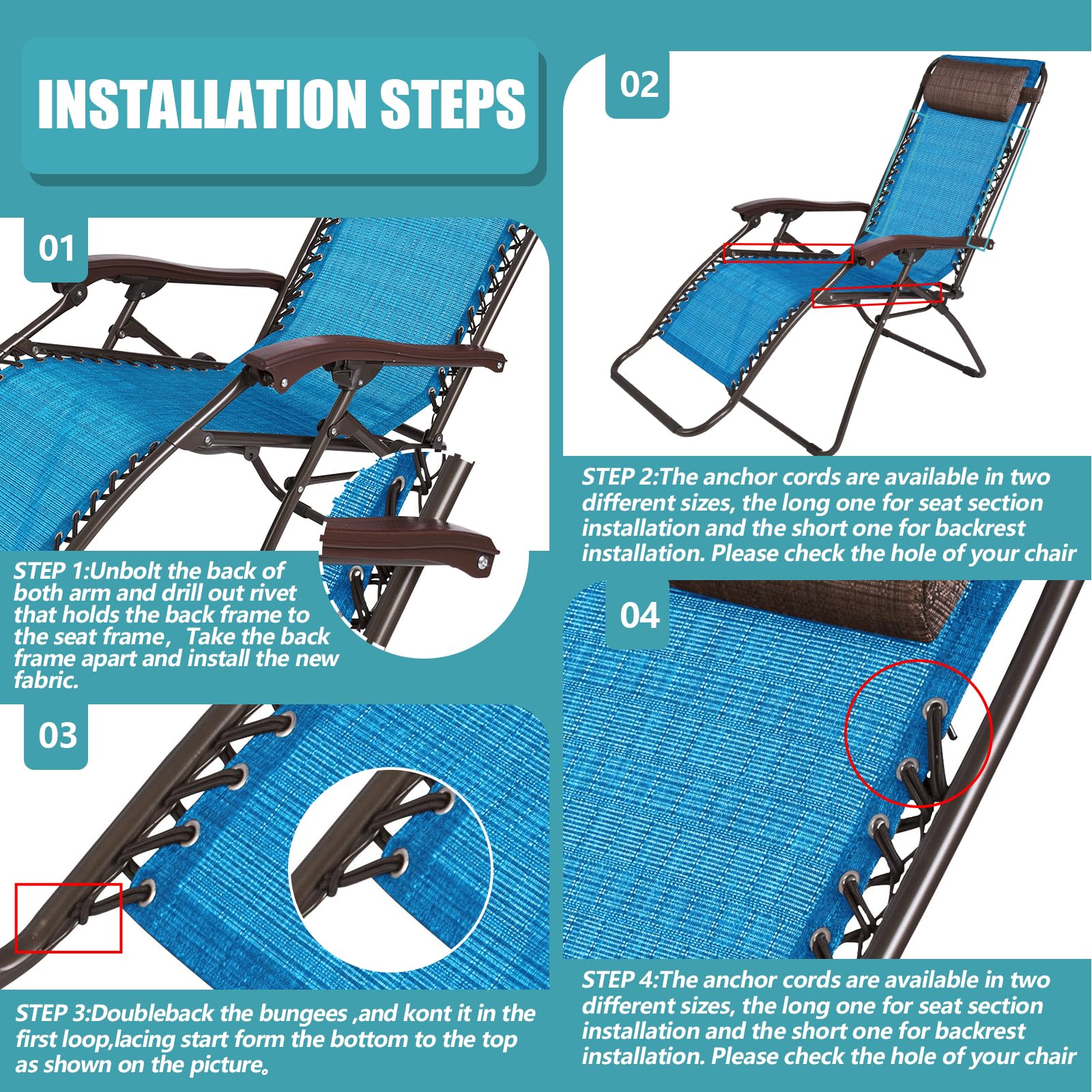 Tela de repuesto para silla con 4 cuerdas elásticas, kit de reparación de malla para patio, reclinable, césped al aire libre y piscina (63 x 17 pulgadas, azul claro) 4