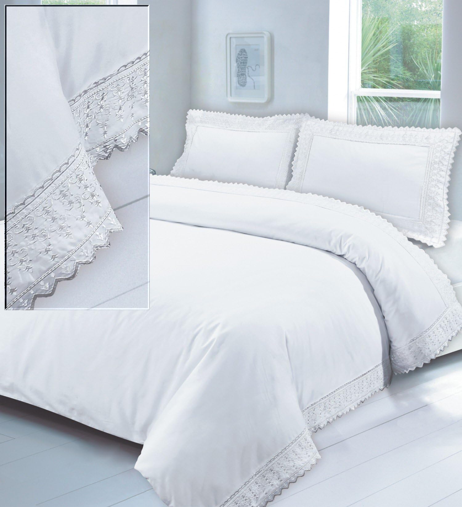 Goldstar® 100% Egyptian Cotton T200 Lace Embroidered Duvet Quilt Cover Bedding Set King Size, Lace Bale White