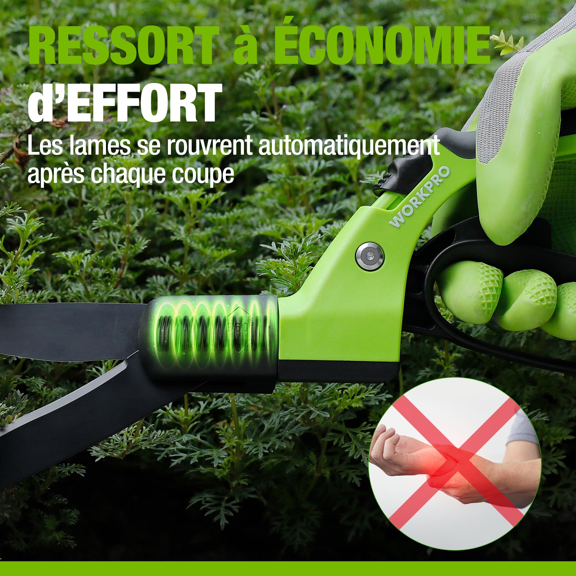 WORKPRO Cisailles à Gazon 360° Rotatives avec Lames en Acier, 16 Positions | Poignée Ergonomique Antidérapante, Outil Léger pour Bordures de Pelouse et Entretien du Jardin