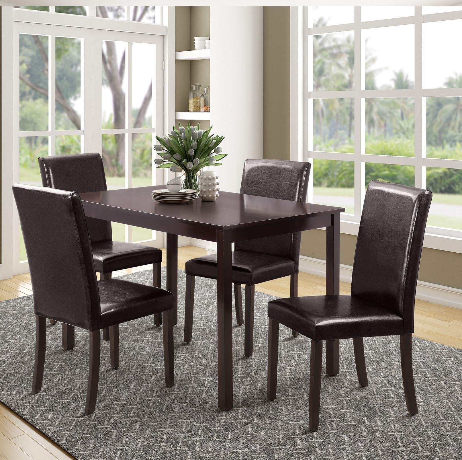 Rhomtree 5 Pieces Dining Set Home Kitchen Table and Chairs Wood Home Dining Room Furniture with 4 Faux Leather Cushioned Chairs Breakfast Furniture (Dark Espresso)