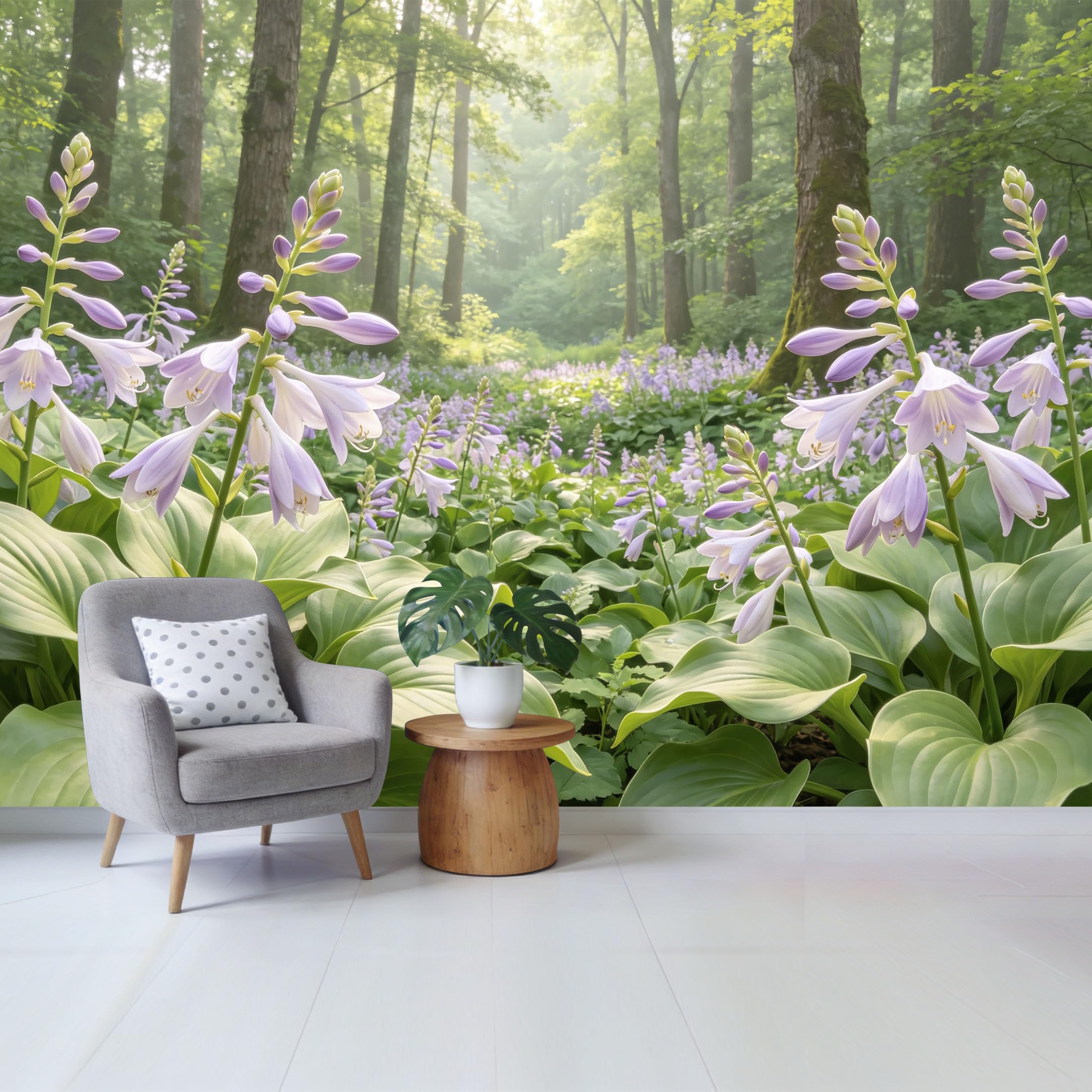 Qzlithotic Yq2605250589 Custom Size Wall Mural Purple Hosta Flower Forest Botanical Sunlight Landscape Selfadhesive Wall Fabric Removable Wallpaper For Home Office Decor