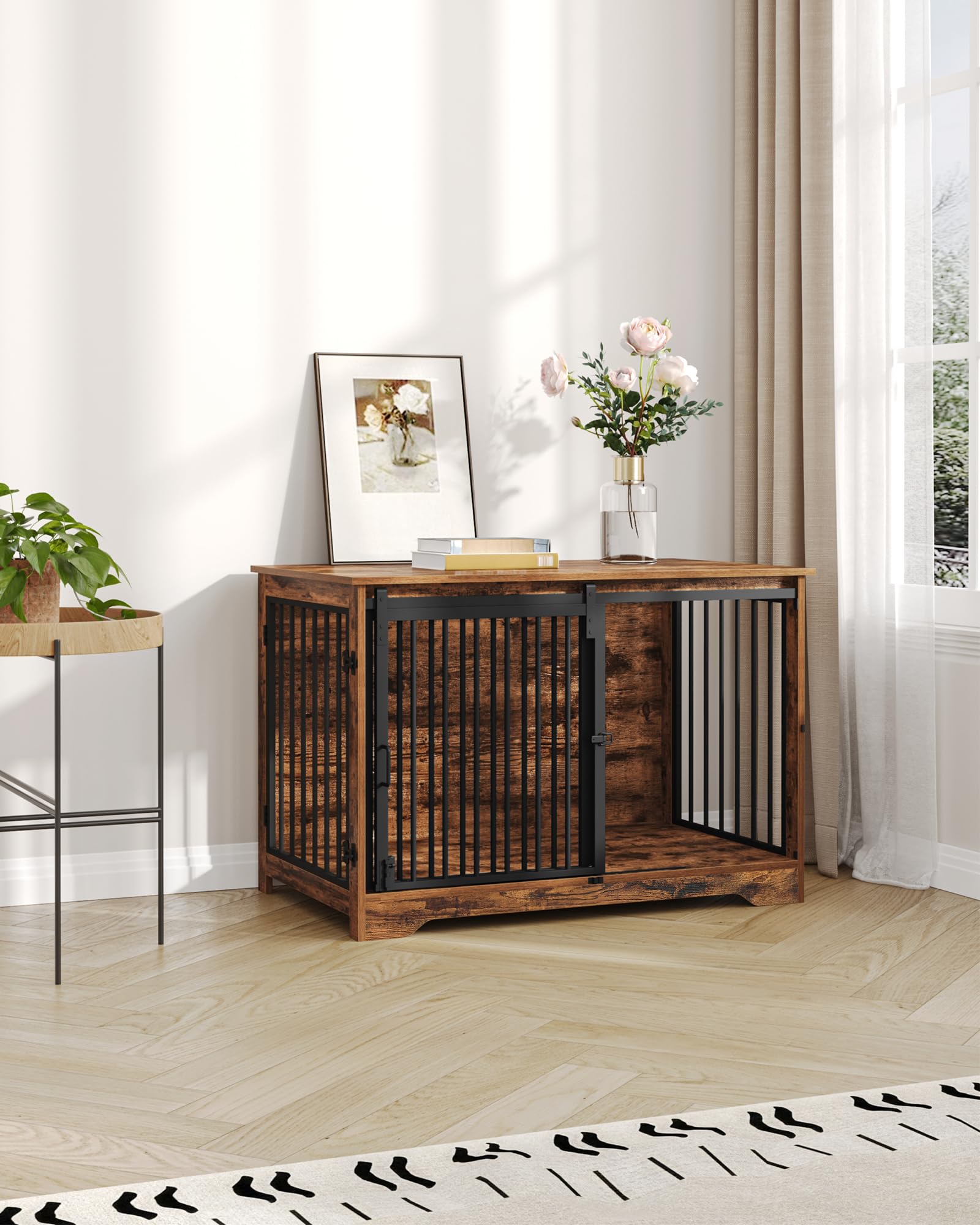 Hzuaneri 100cm Gabbia per Cani, Tavolo Supplemento, Nicchia Moderna per Cani, Gabbia per Cuccioli, Casetta per Animali, 2 porte, 60 x 100 x 68 cm, Marrone Rustico DFC02301B