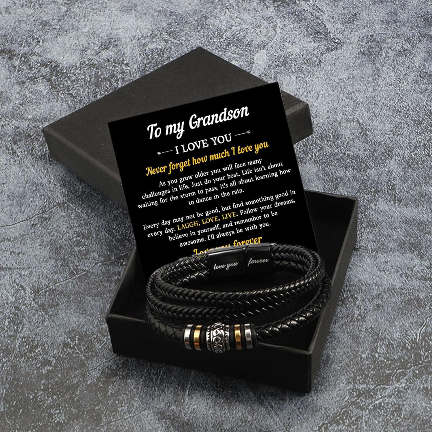 To My Grandson Leather Bracelet, Grandson Bracelet From Grandparents Adjustable Multi-Layer Braided with Love You Forever Message Inspirational Engraved Message Wristband for Birthday Christmas Graduation or Just Because - Image 5