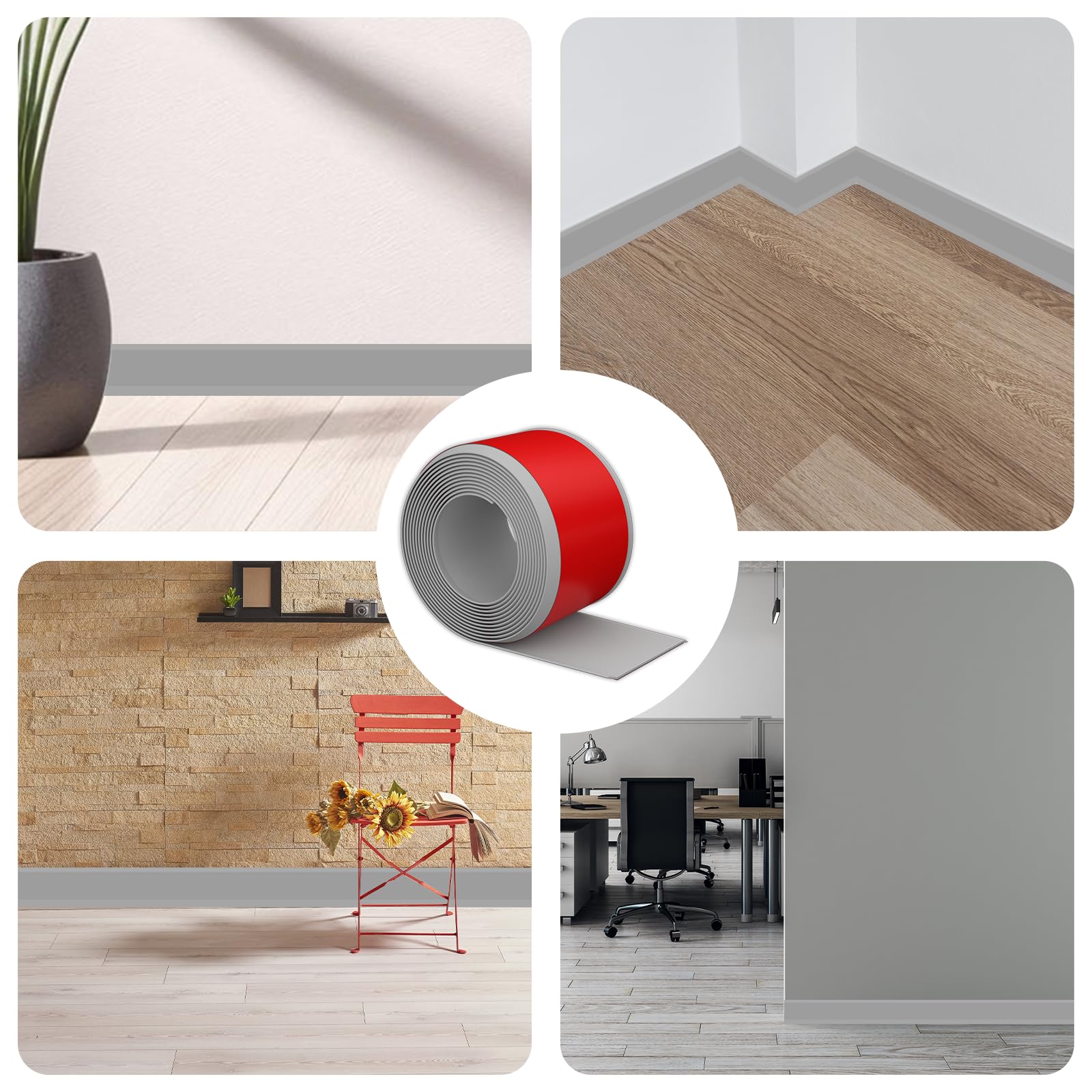 Battiscopa Morbido, Autoadesivo, Largo, 100mmx6M Grigio Autoadesivo in PVC, Flessibile, per Cucina, Bagno