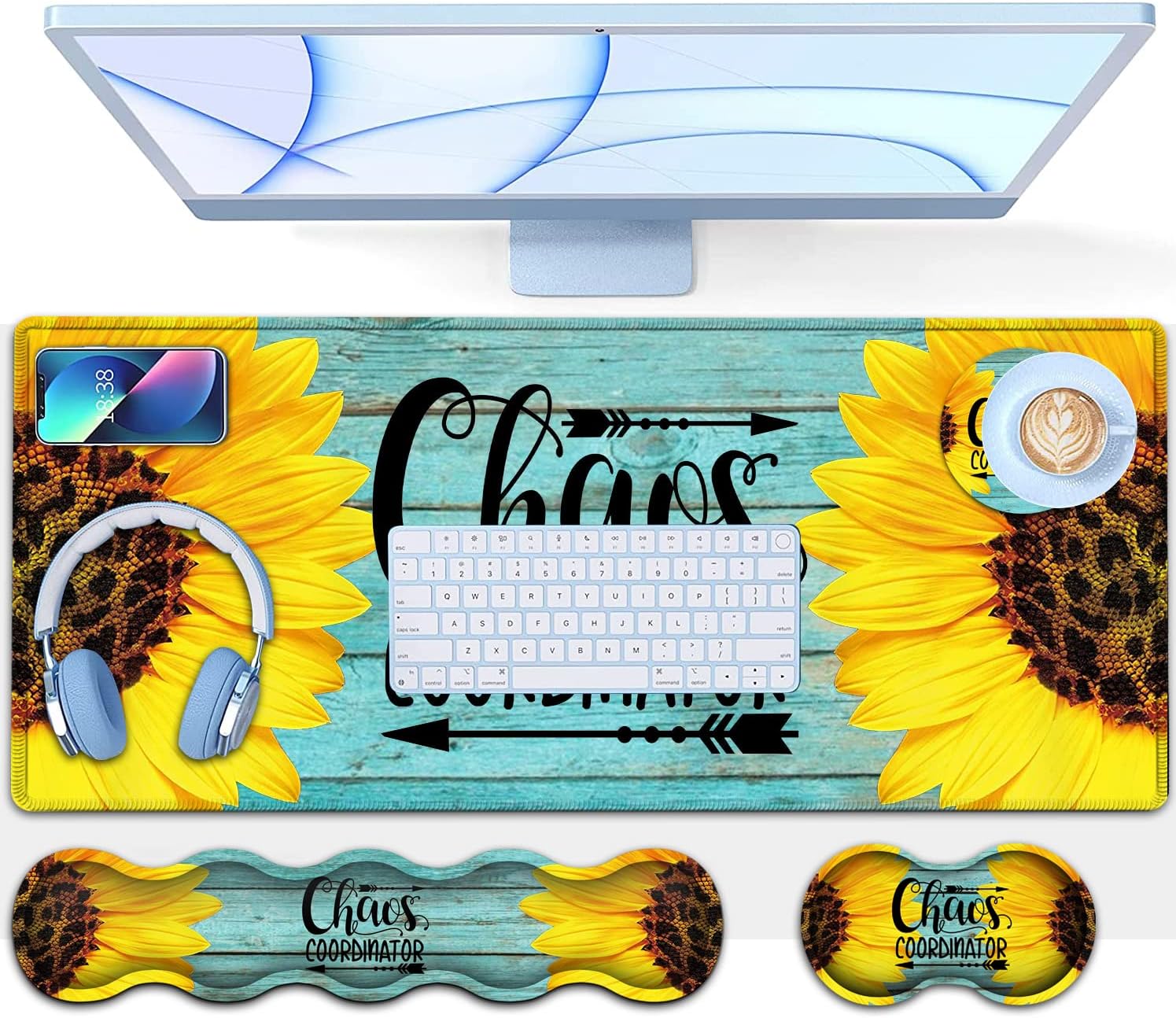 Desk Pad, Keyboard Mouse Pad Set, Extended Gaming Mouse Pad+ Ergonomics Memory Foam Wrist Rest Support,31.5x11.8in Waterproof Large Mouse Pad for Home Office,Chaos Coordinator Sunflower XXL Mouse Mat