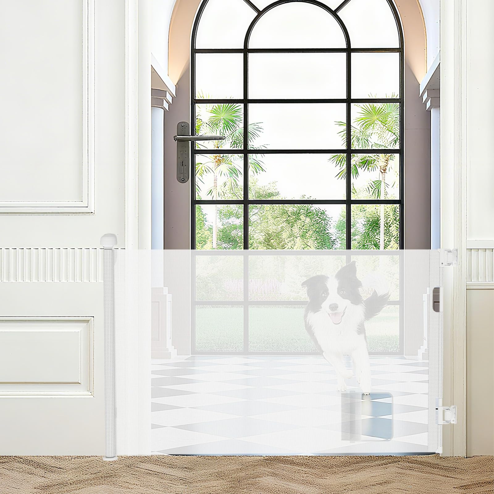 Barrera de seguridad infantil extensible retráctil – Barrera de escalera infantil y perro para interior/exterior, pasillos, con gato cueva (180 cm)