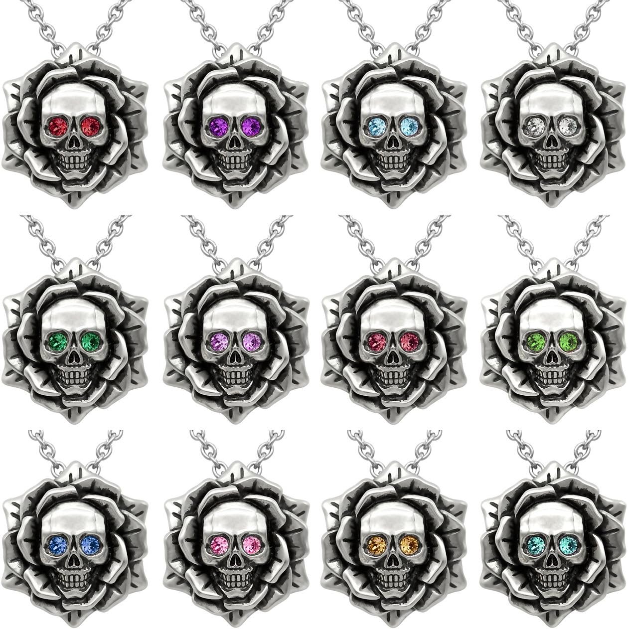 Skull Rose Birthstone Necklace With Crystal 17" - 19" Adjustable Chain