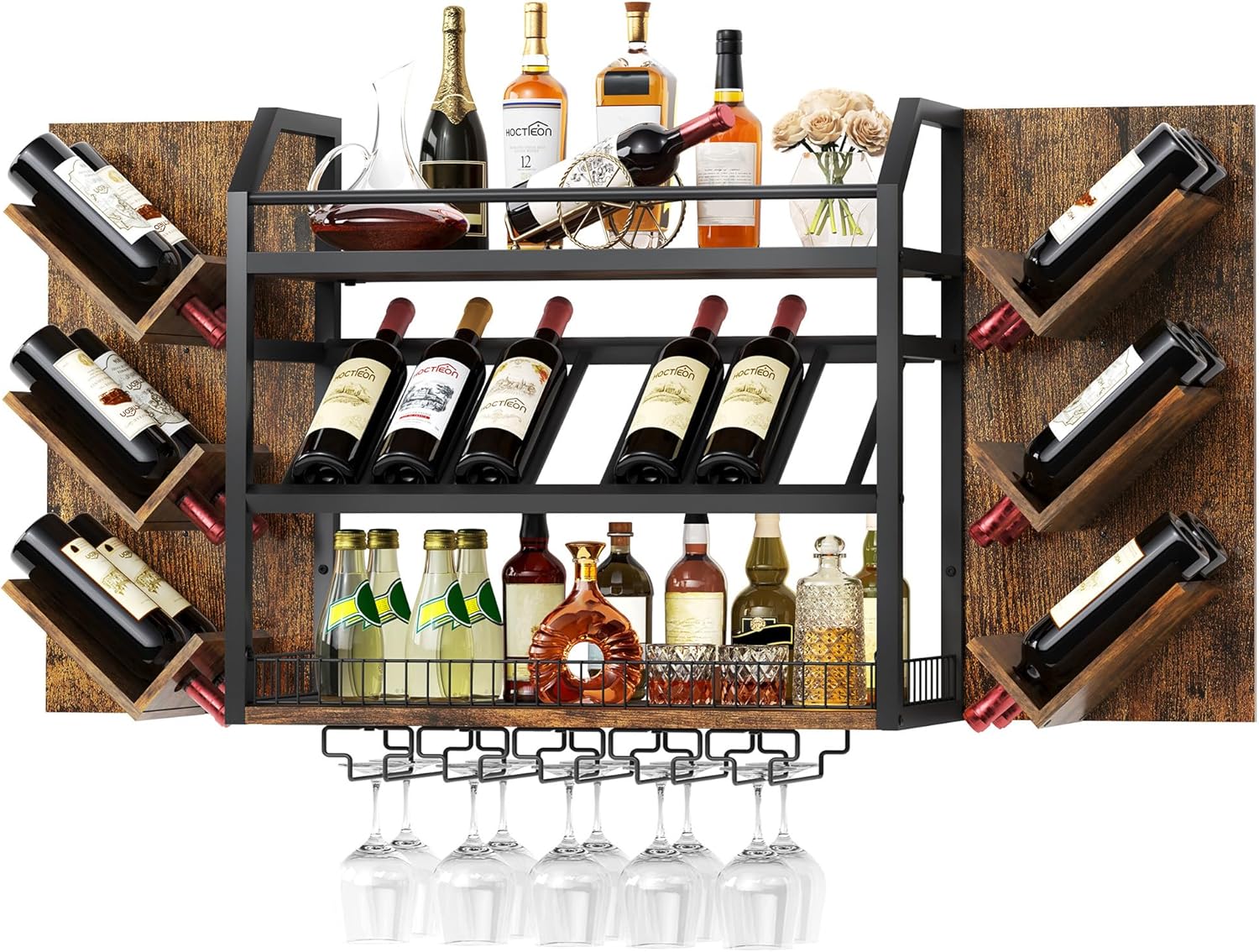 Hoctieon Wall Mounted Wine Rack, 3 Tier Hanging Wine Racks with Glass Holder, Large Capacity Bar Shelves, Metal Wood Bottle Display Storage for Kitchen, Home Bar, Dining Room, Rustic Brown