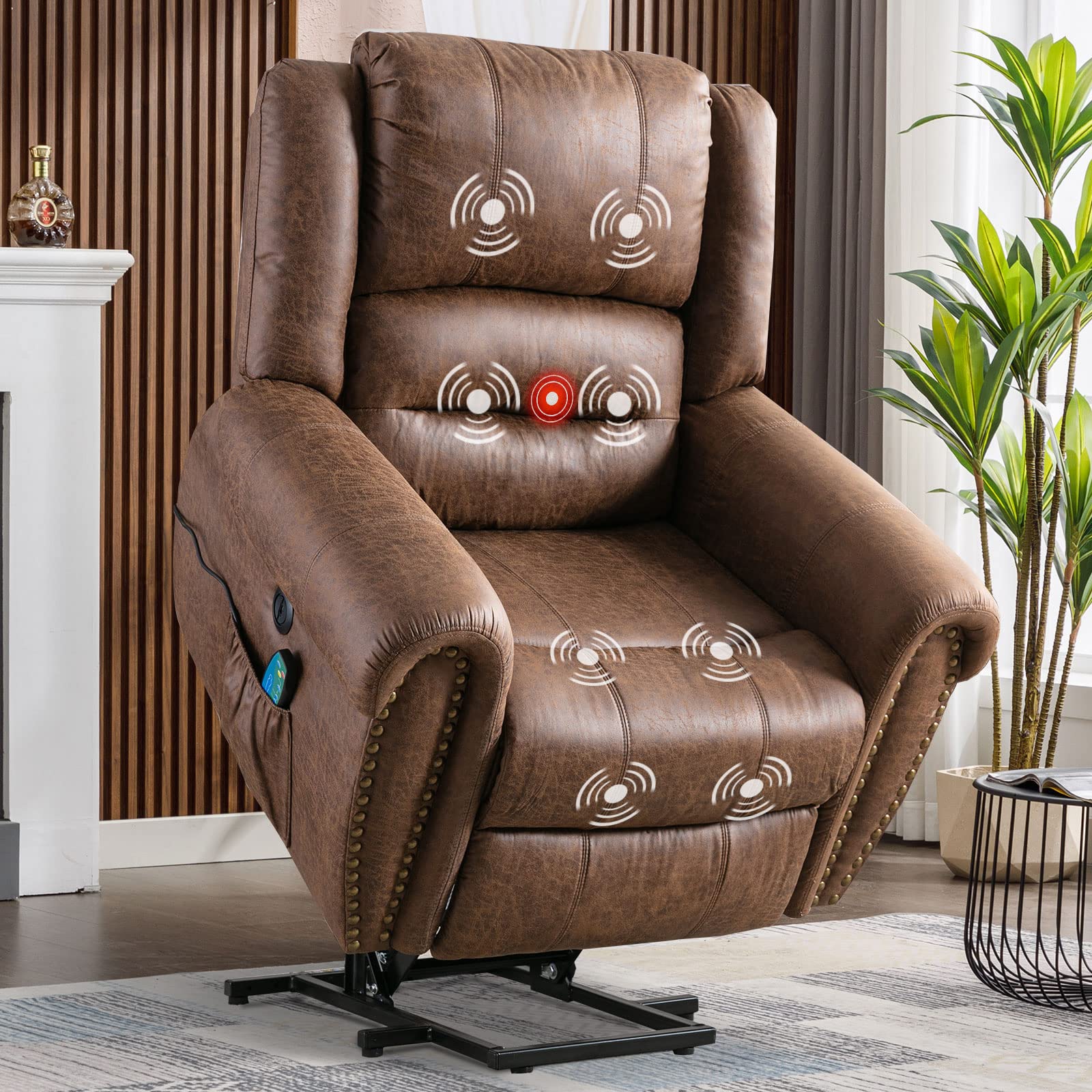 CANMOVPower Lift Recliner Chair for Elderly with Massage and Heating, Faux Leather Electric Lift Chair, Wide Seat, Overstuffed Cushions, Rivet Design, Nut Brown