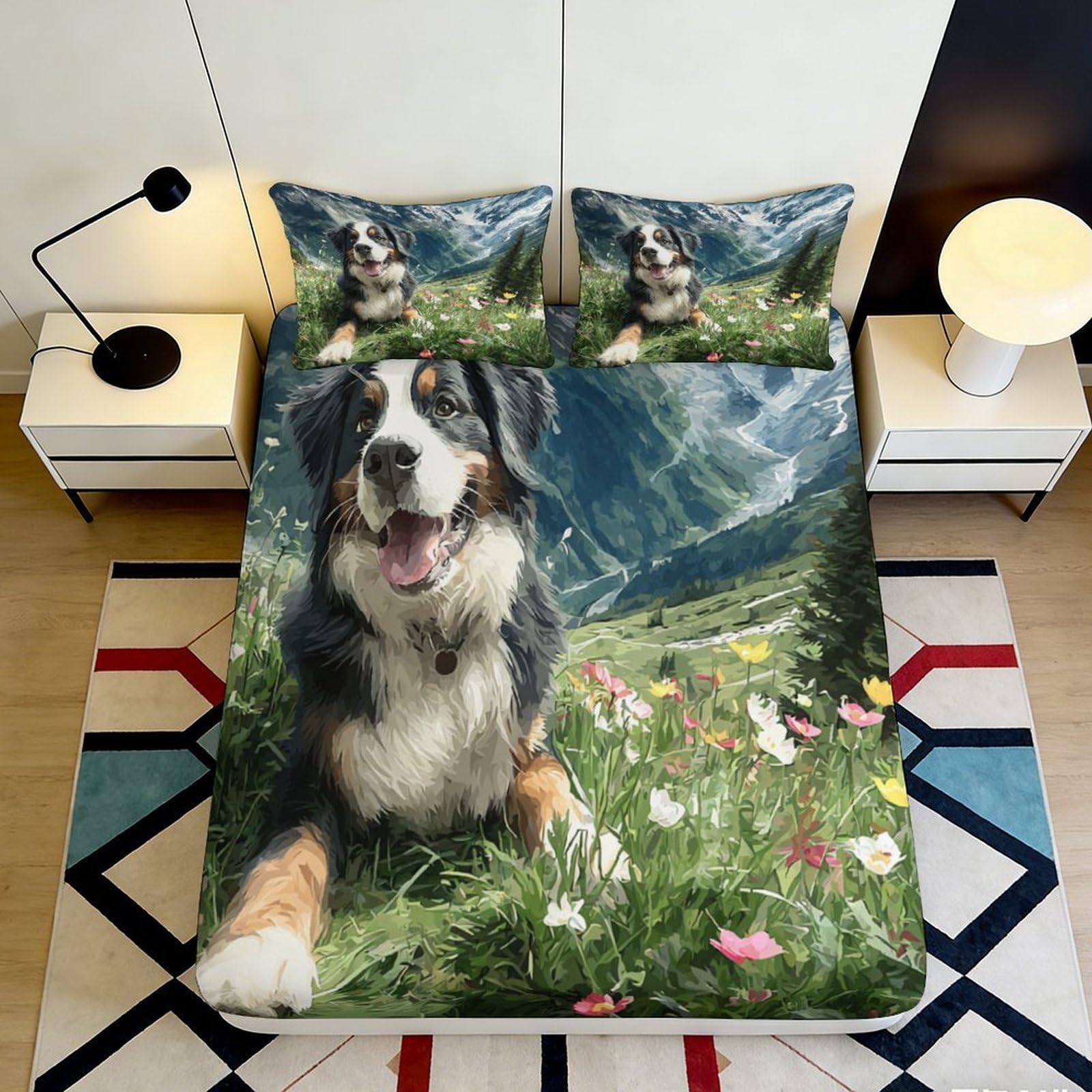 Dhbaneiok Style-2 3D Printed Bernese Mountain Dog Fitted Sheet Microfiber Scenic Meadow Bed Cover Anti-Slip Washable Decor For Bedroom Guest Room 90X200x25cm