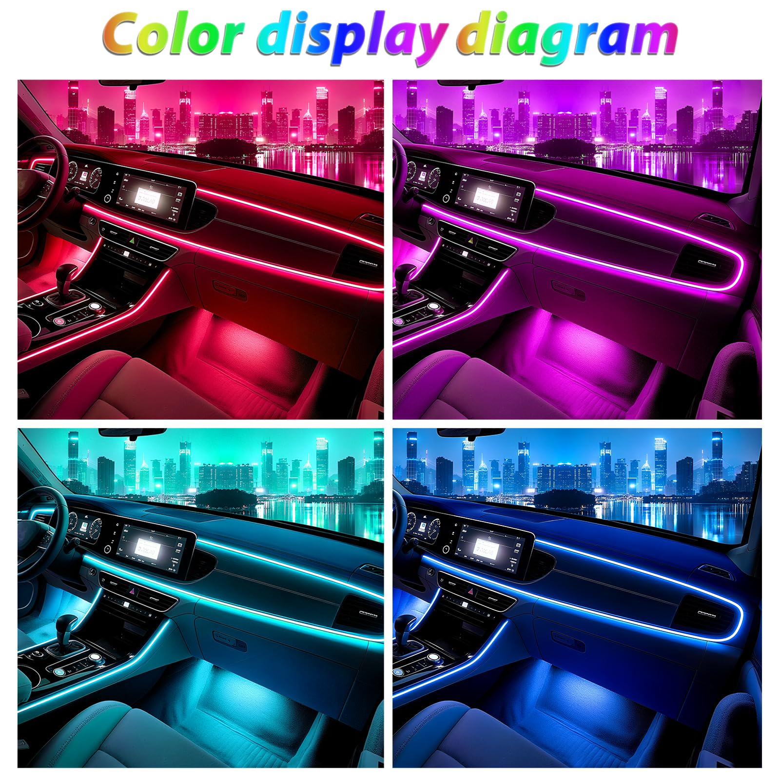 Car Led Strip Lights, Interior Car Lights, App Control Ambient Lighting Kit With RGB 16 Million Colors Fiber Optics&Music Sync Rhythm, USB Neon Light Accessories for Center Console&Dashboard, Upgraded