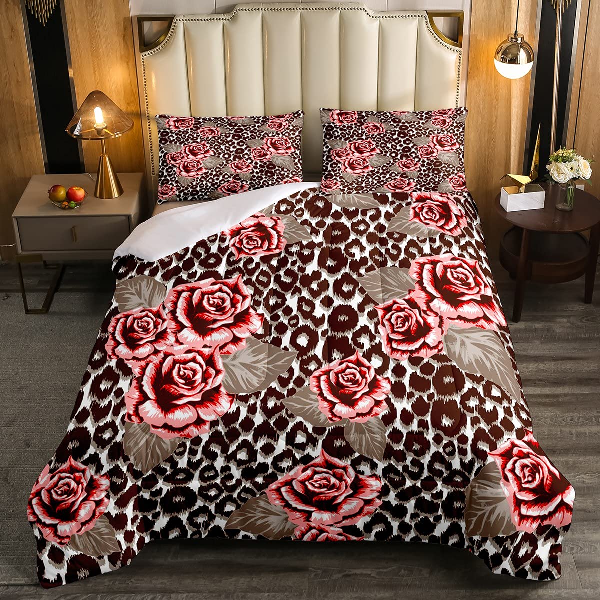 Juego de ropa de cama para niñas y niños con estampado de leopardo y rosas de flores románticas, edredón de plumón de jardín, juego de edredón de doble tamaño