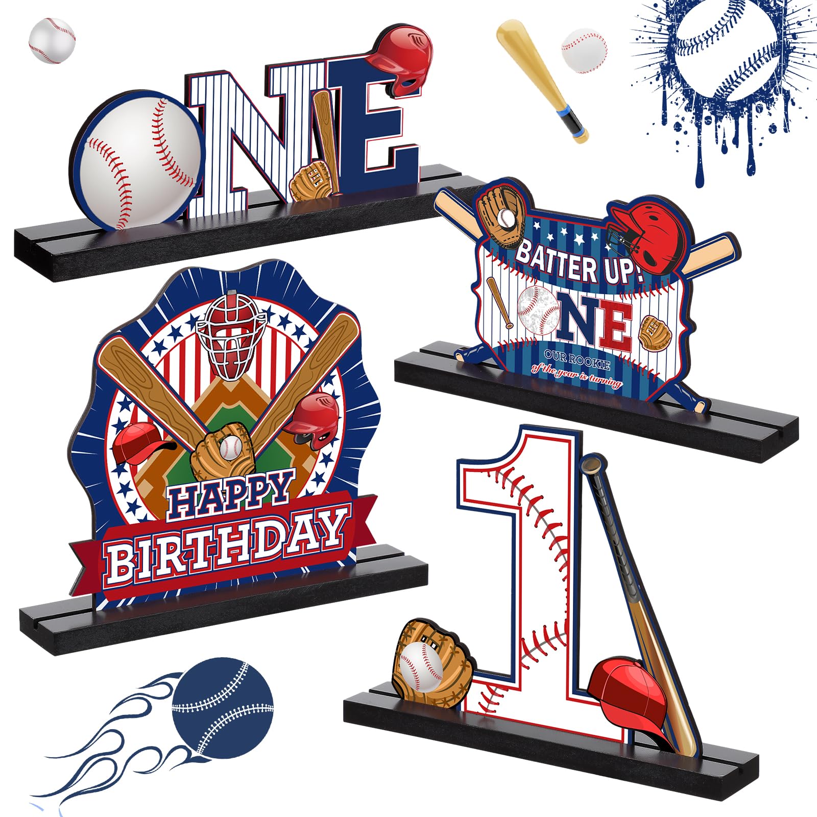4 Pcs Baseball One Letter Sign Wooden Table Decor for Boys First Birthday Centerpiece Sport Letter Sign 1st Birthday Decorations for Baby Shower Supplies Photo Props Game