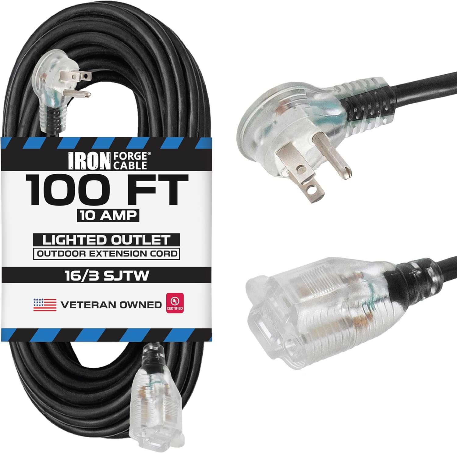 Iron Forge Cable 100 Ft Flag Plug Black Extension Cord, 16/3, 100 Foot Extension Cord with Right Angled Plug, 3 Prong, Weatherproof - Lighted End