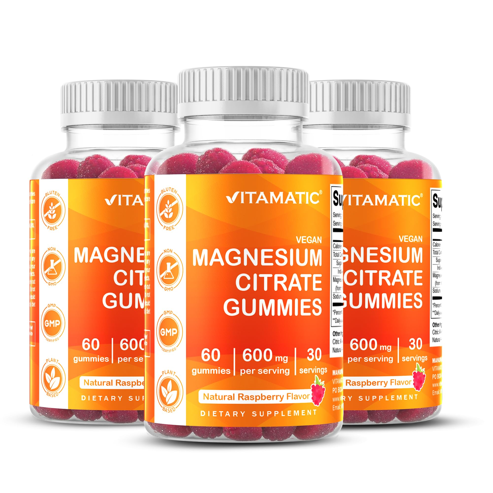 VitamaticMagnesium Gummies 600mg per Serving – 60 Vegan Gummies – Relaxation, Muscle, Bone & Energy Support – 3 Pack
