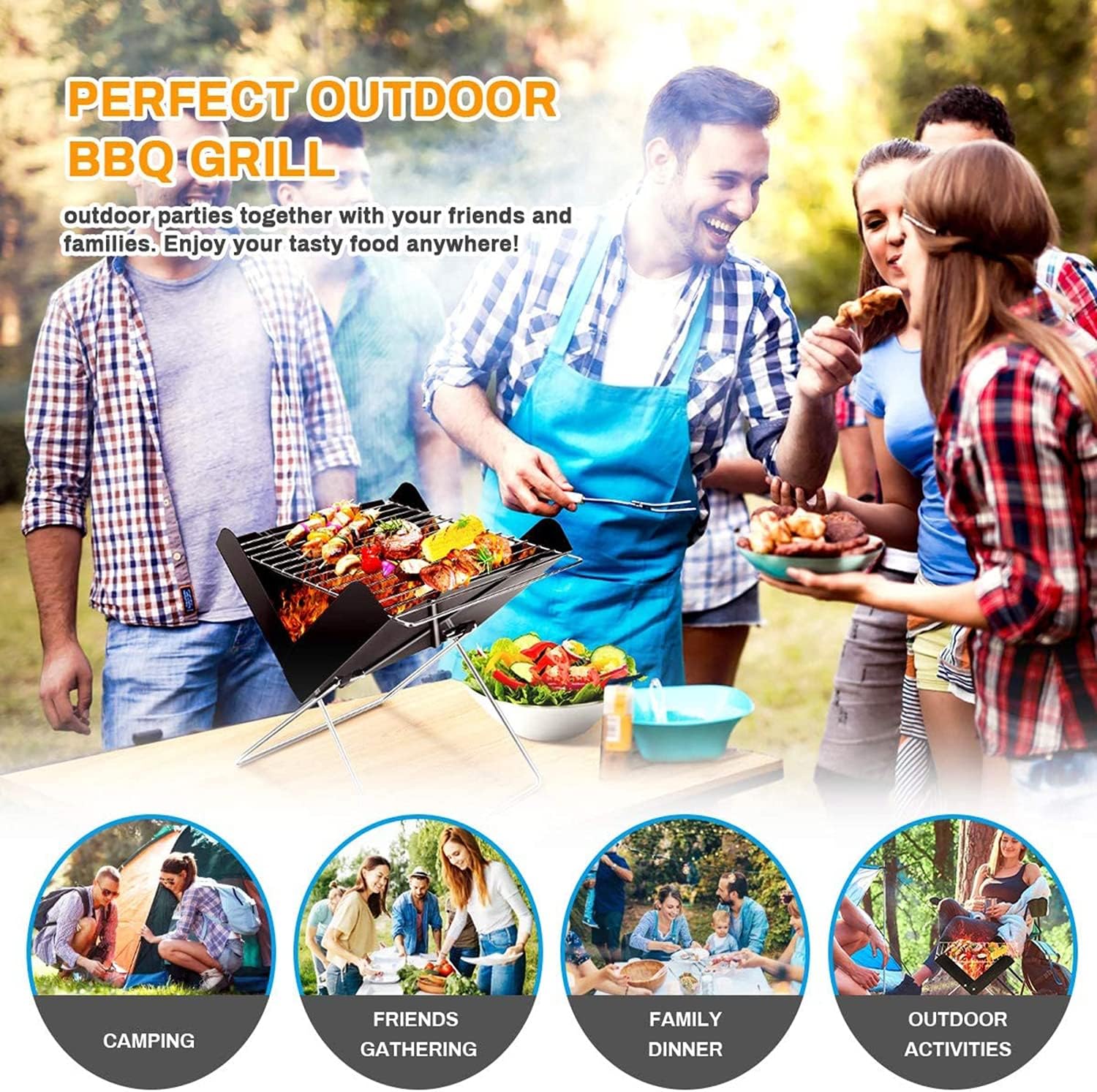 Folding Charcoal Grill Portable BBQ Grill for Camping Picnic Stainless Steel Barbecue Outdoor Backyard Cooking