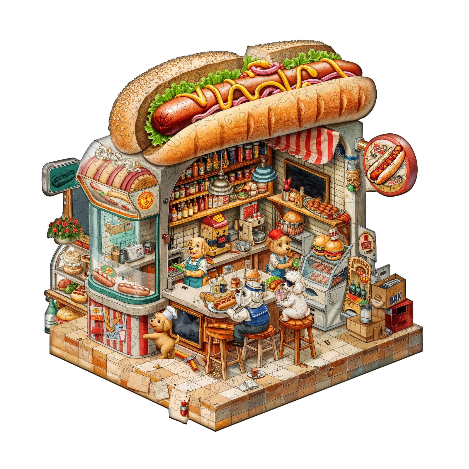 Jigfoxy Puppy Hot Dog Stand World Wooden Jigsaw Puzzles for Adults, 240pcs Unique Animal Shape Wood Puzzles, Birthday Gifts for Family Friend with wooden box(13.4 * 13.0in)