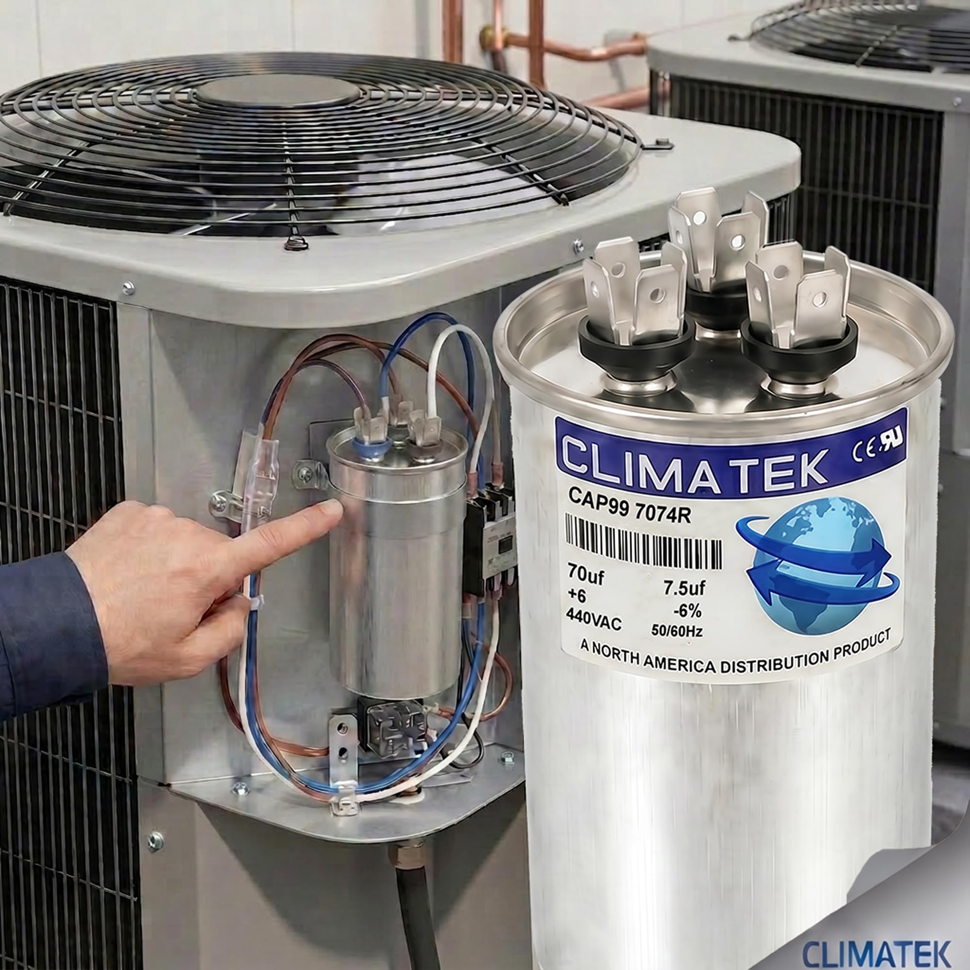 ClimaTek Condensador dual redondo para portador P291-7073RS - 70 + 7.5 uF MFD x 370 VCA