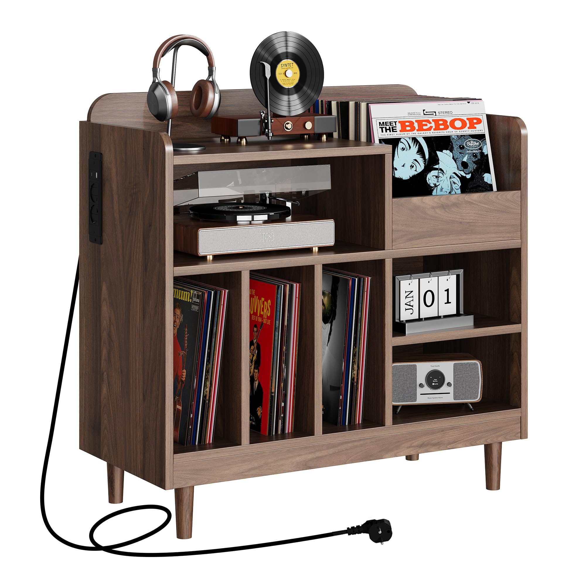 IRONCK Grand Support de Tourne-Disque avec Station de Charge - Rangement en Vinyle pour 300 Albums - Armoire à disques à 3 Niveaux avec séparateurs - Étagère Moderne pour Salle de Musique - Marron