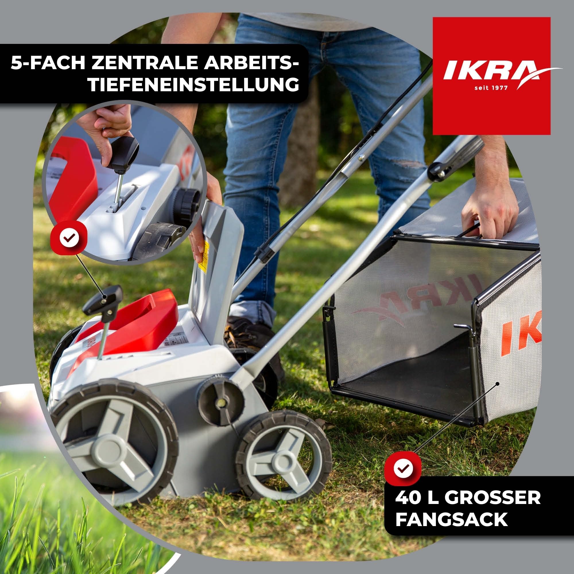 IKRA Elektro Vertikutierer Rasenlüfter IEVL 1838, Arbeitsbreite 38cm, 1800W | Fangkorb 40l, Arbeitstiefe +5 bis –12 mm, werkzeugloser Walzenwechsel, 2in1 Gerät lässt sich auch ohne Fangbehältnis nutzen