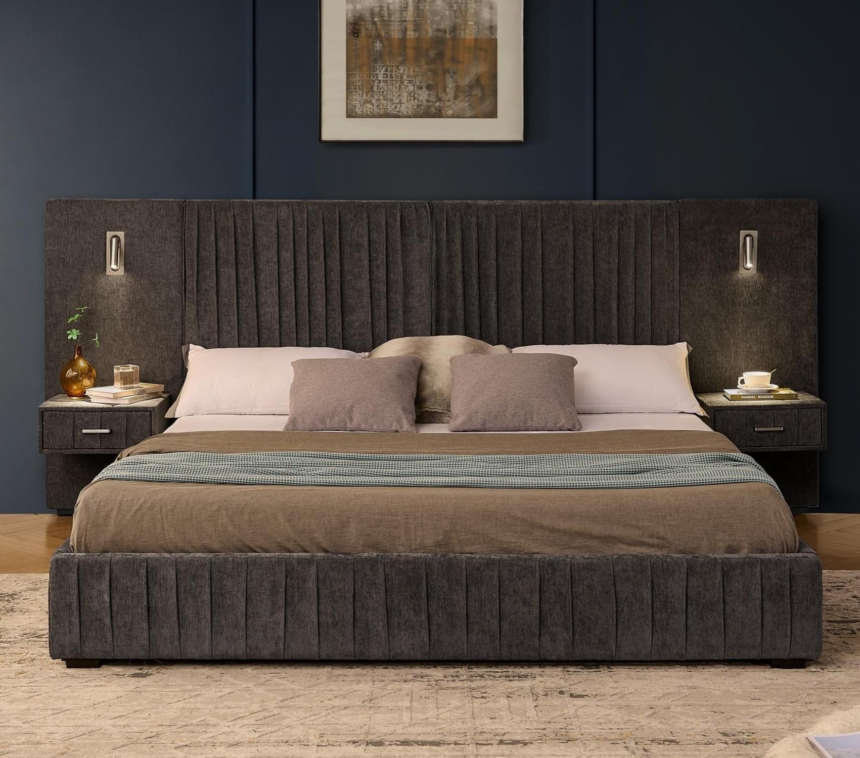 KEIKI King Size Chenille Bed Frame with 2 Nightstands, Lamps & Oversize Headboard, Solid Wood Frame Platform Night Stand Bedroom Set, Upholstered