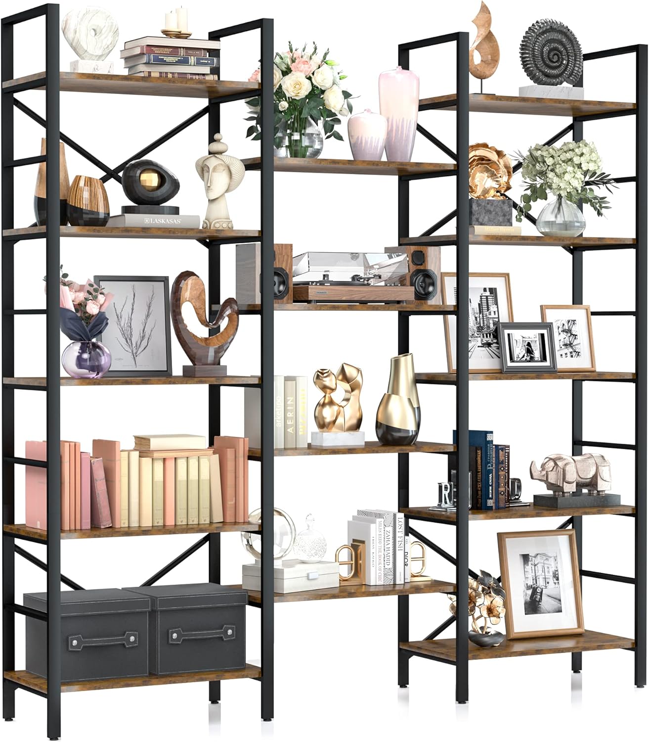 NUMENN Triple Wide 5 Tier Bookshelf, Rustic Industrial Style Book Shelves, Modern Tall Bookcase Furniture for Bedroom, Living Room and Home Office, Vintage