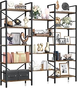 NUMENN Triple Wide 5 Tier Bookshelf, Rustic Industrial Style Book Shelves, Modern Tall Bookcase Furniture for Bedroom, Living Room and Home Office, Vintage