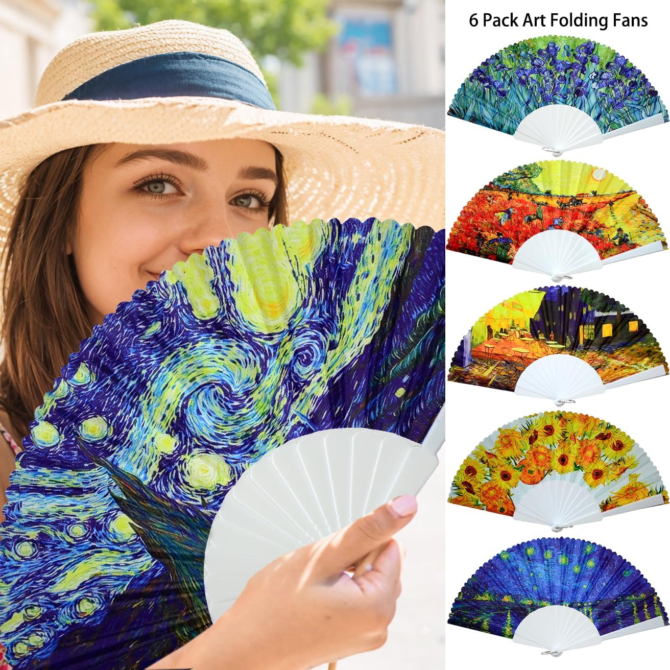 6 Pack Aesthetic Folding Hand Fans for Women, Portable Festival Fan Set for Concerts, Raves, Travel, Parties & Summer Cooling (Blue, Van Gogh Art Collection)