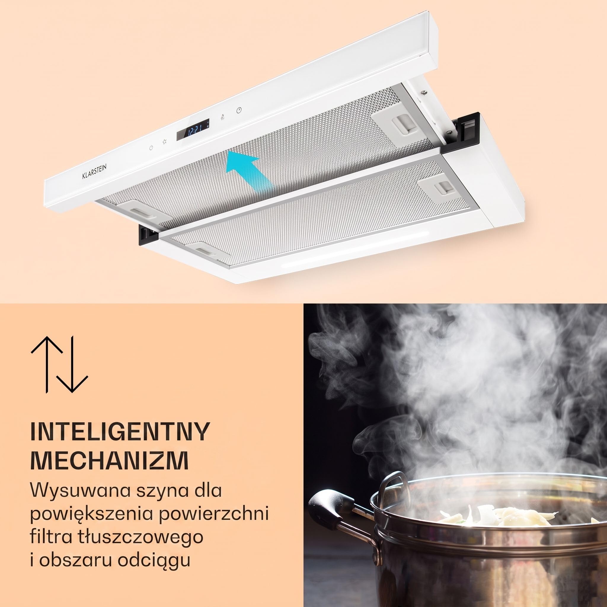 Klarstein Mariana Neo 60 Okap kuchenny, 60 cm, Klasa A, 640 m³/h, Recyrkulacja i wyciąg, Wyświetlacz LC, Timer, Panel dotykowy, LED, Okap teleskopowy płaski, podszafkowy, Front szklany, biały