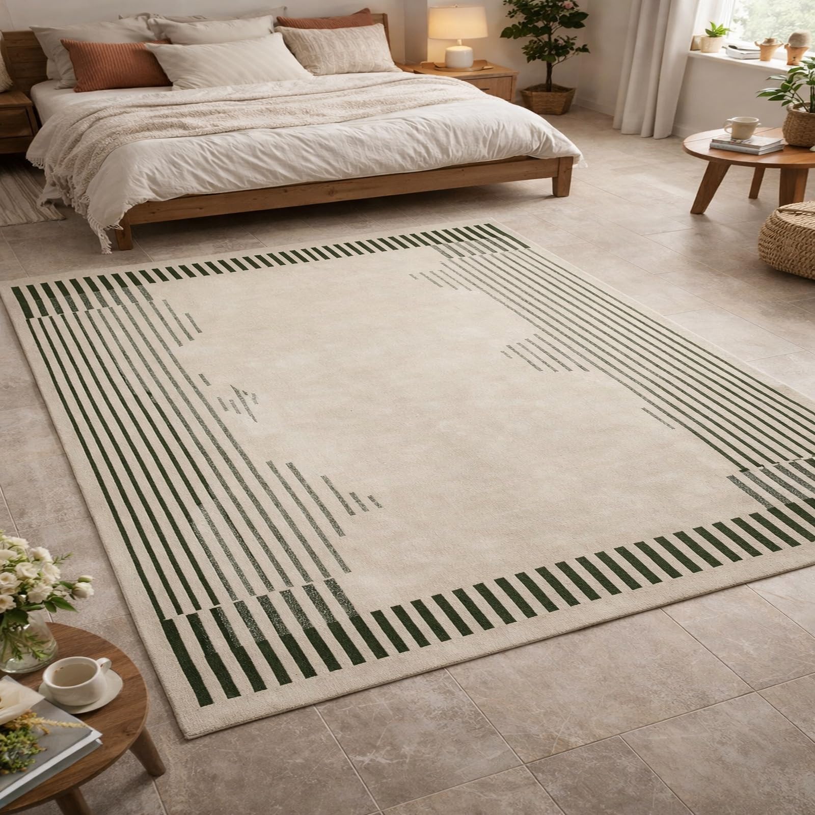 Tapis antidérapant géométrie abstraite verte résistant lavable 150x150