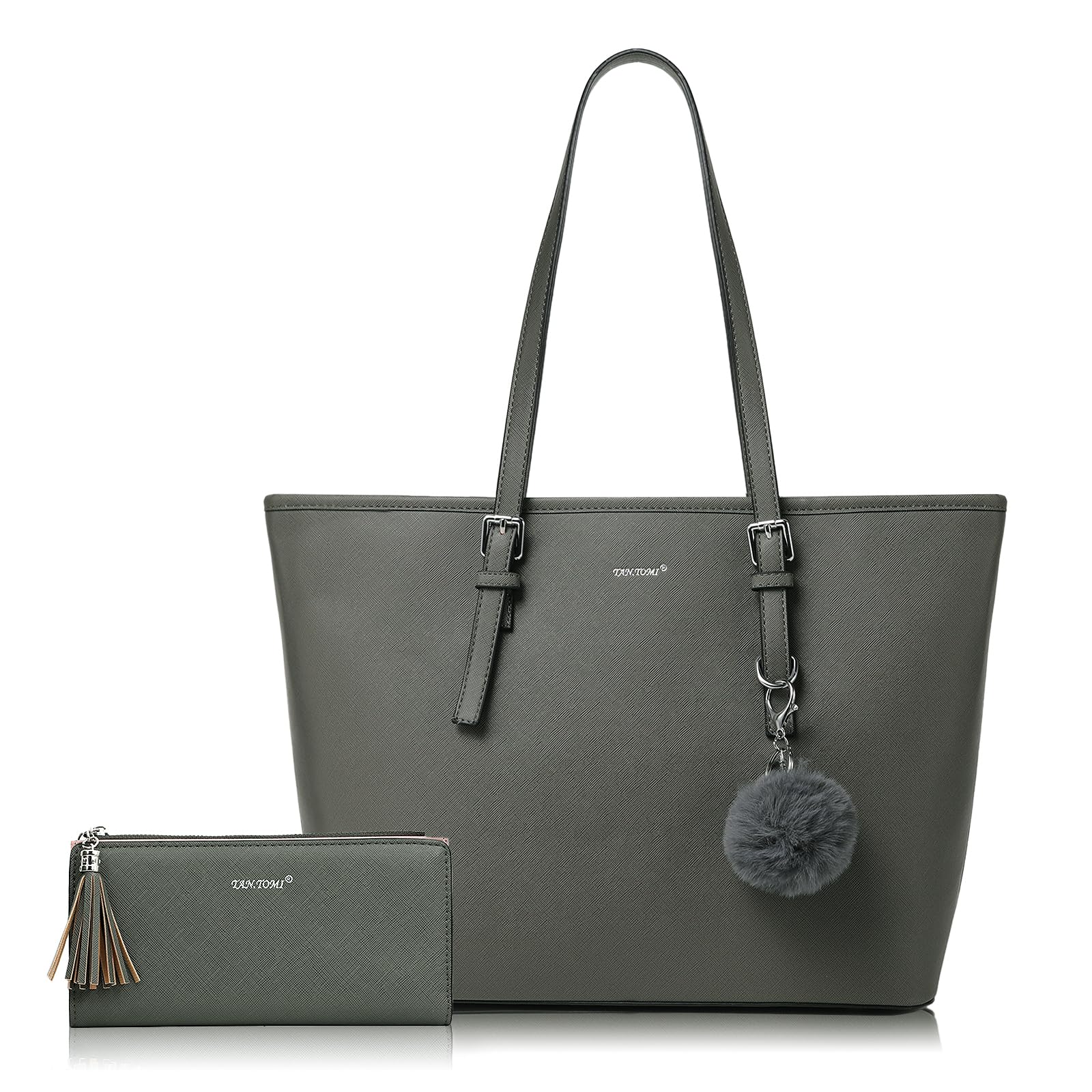TANTOMI Handtasche Damen Set Tasche Mit Geldbörse für Büro Schule Einkauf Handtasche Damen Groß Mit Quasten Damen und Pelz Kugel Plüsch Schlüsselring