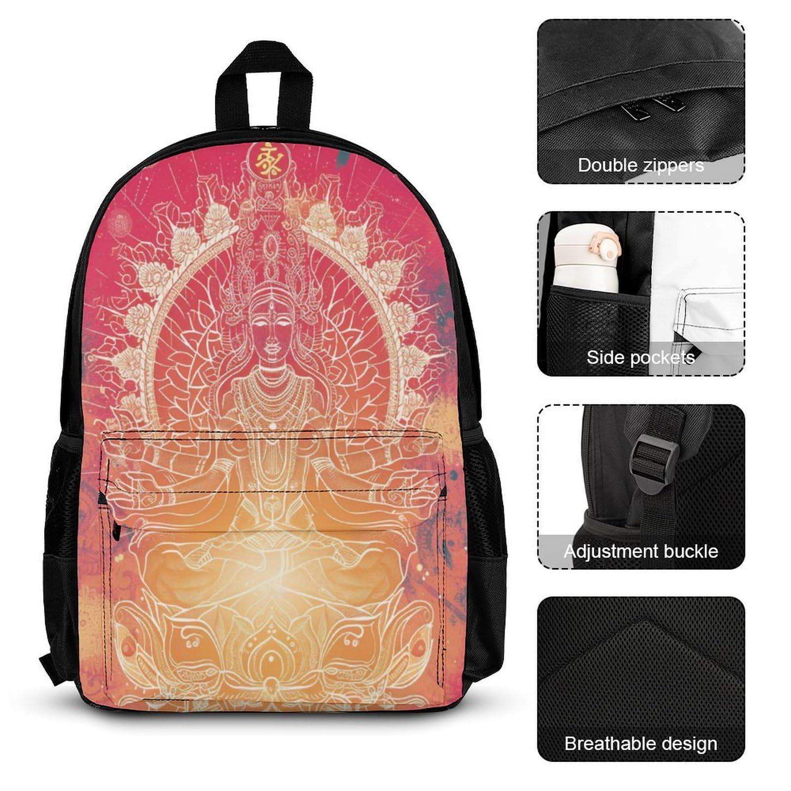 Ensemble de Sac à Dos Bouddha Fille Primaire 3 Pièce, Cartable Enfant Bouddhisme Scolaire avec Sacs à Déjeuner et Trousse Crayon, Sac Ecole Fille pour CP CE CM 8-13 ans