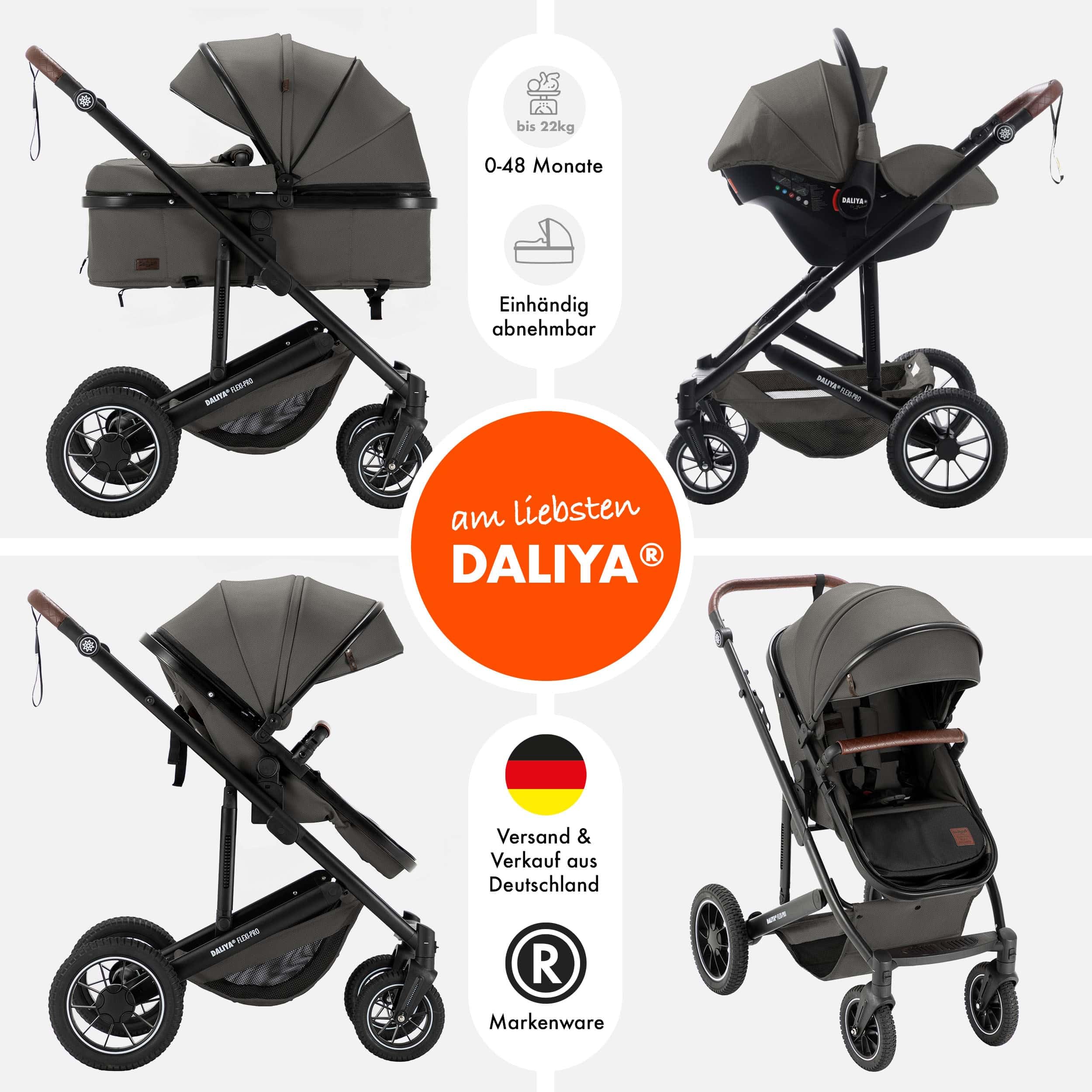 Daliya® FLEXI-PRO M 3in1 Kinderwagen & Buggy mit i-Size Babyschale, Viel Zubehör (Grün)