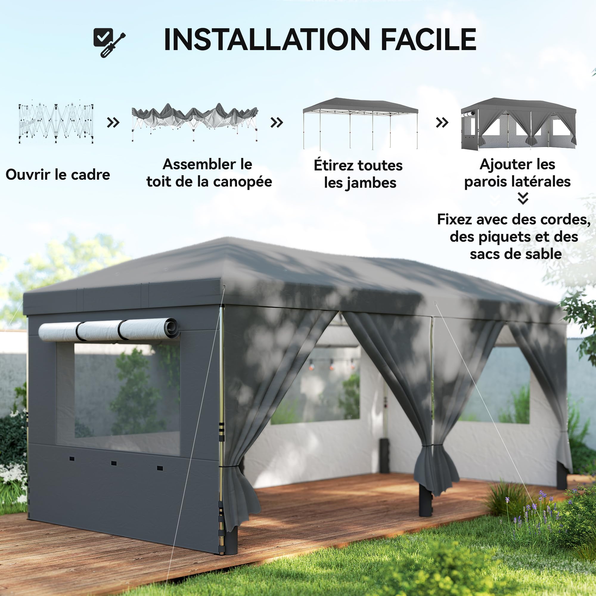 Outsunny Tonnelle de Jardin Pliante 3x6 m Réglable en Hauteur UV50+ Gris | Tente Pliante Pop Up, 6 Parois Latérales, 6 Sacs de Sable, Sac de Transport à Roulettes