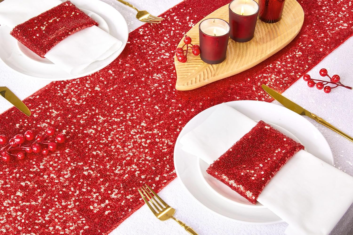 B-COOL Red Table Runners: 8 Pack 12x72 Inches Sparkly Sequin Table Runner for Holiday Party Wedding Metallic Table Decoration