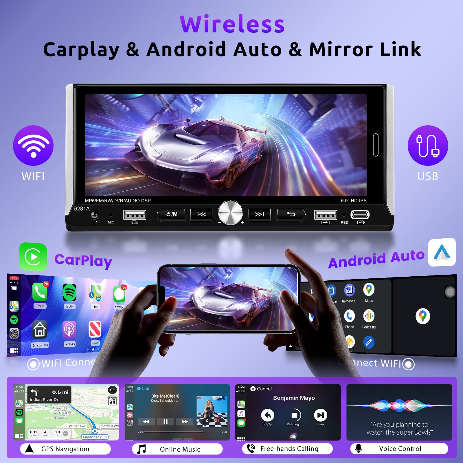 Hodozzy sans Fil carplay/Android Auto Autoradio 1 din avec Écran