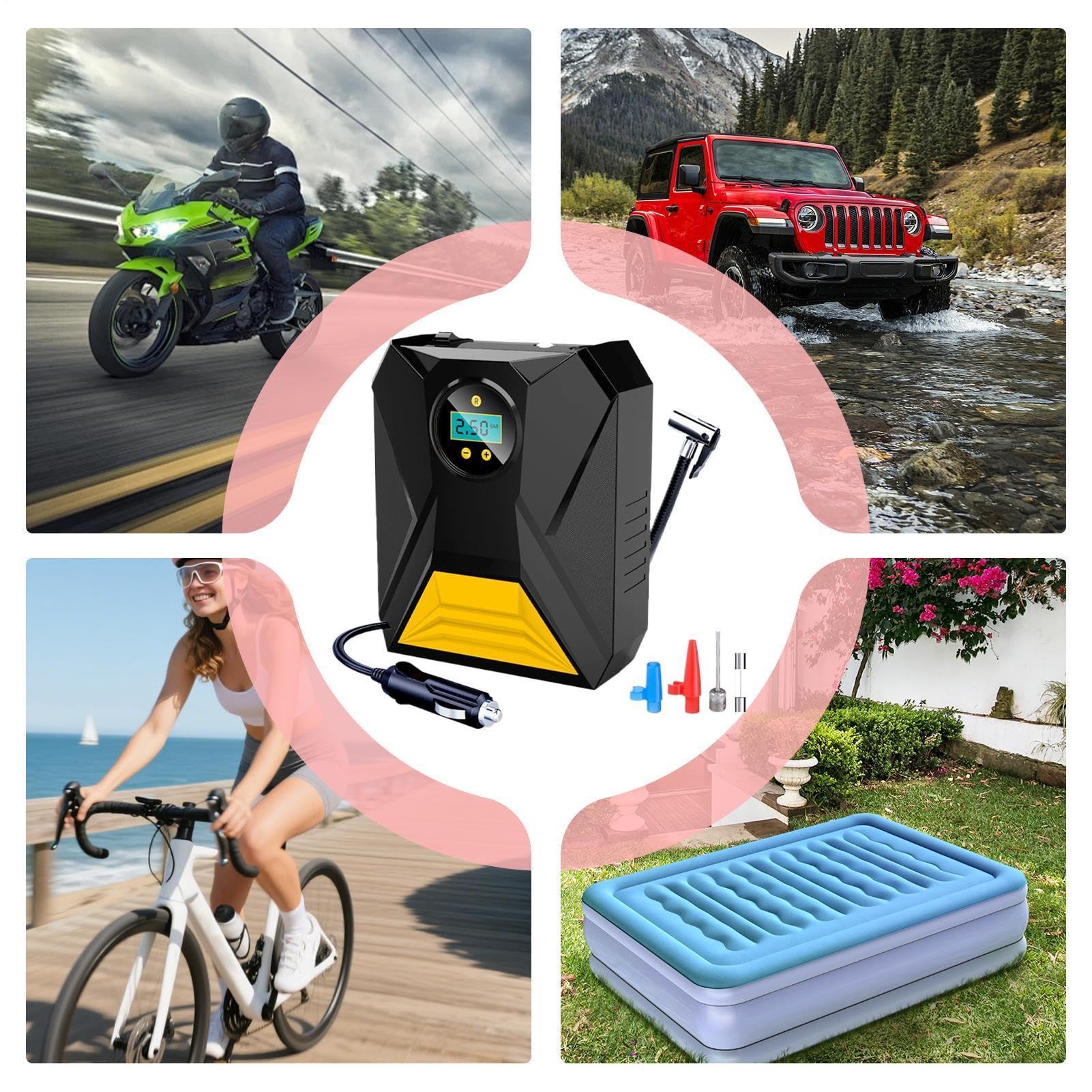 Elektryczny cyfrowy miernik ciśnienia z wyświetlaczem | Pompa elektryczna z cyfrowym manometrem, wszechstronna pompa powietrza do samochodu, roweru, motocykla, ciężarówki, piłek i